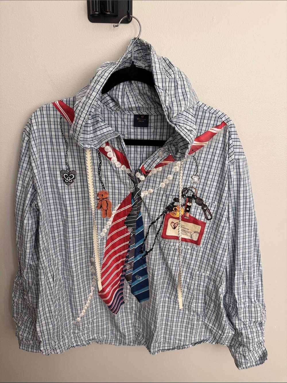 Plaid Hooded Button-Up Shirt with Red & Blue Tie Accents
